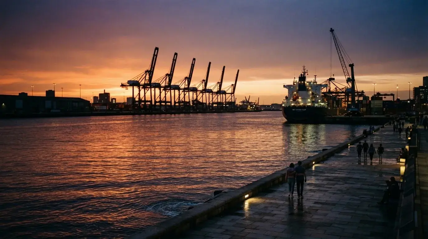Priveliște panoramică asupra unui port la amurg, cu macarale, nave și o promenadă pe care se plimbă oameni.