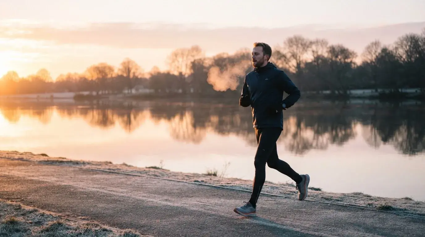 Bărbat care face jogging pe malul unui lac la răsărit, cu respirația vizibilă în aerul rece.